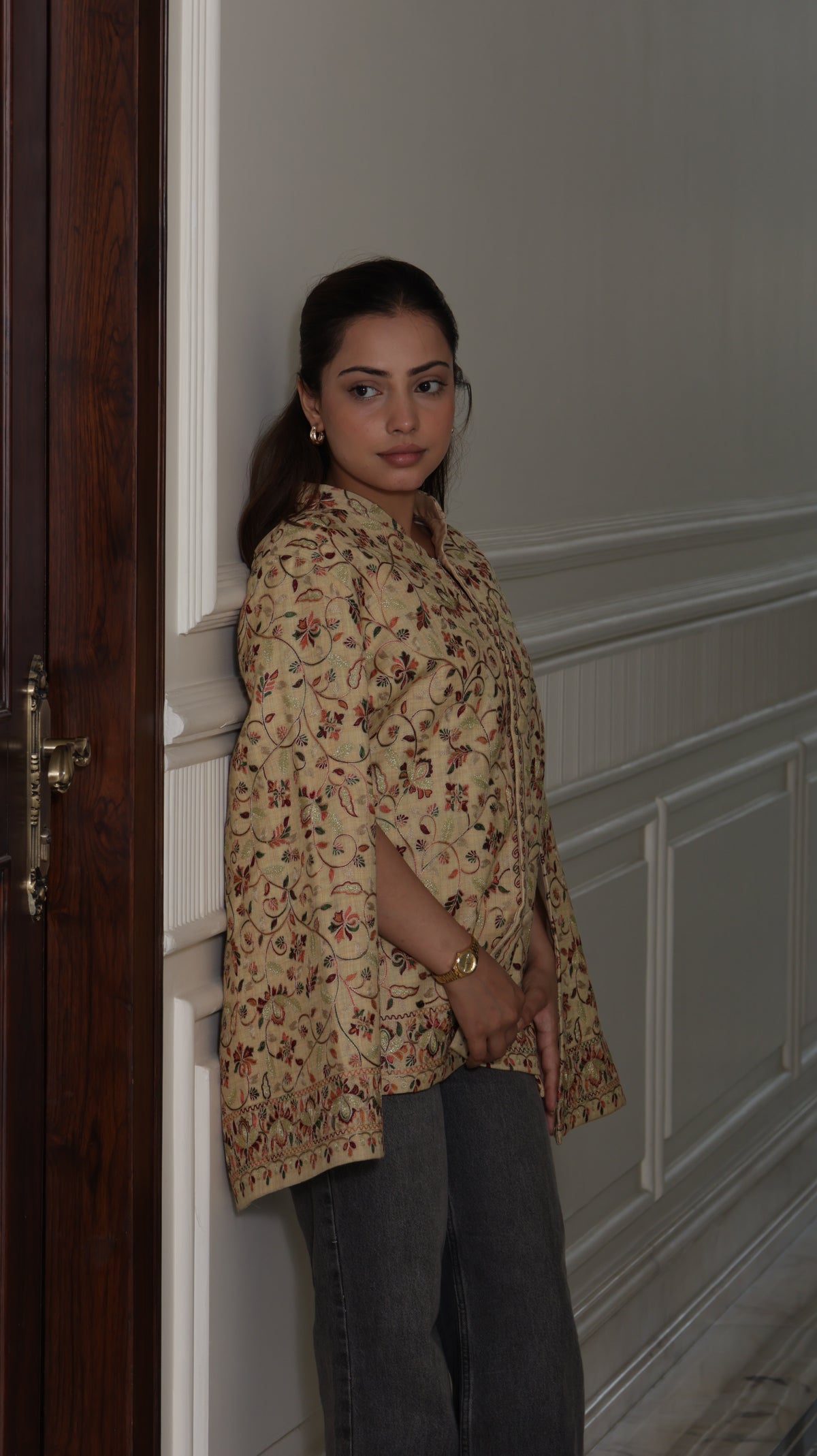 Woolen Bloom Nalki Embroidery Cape