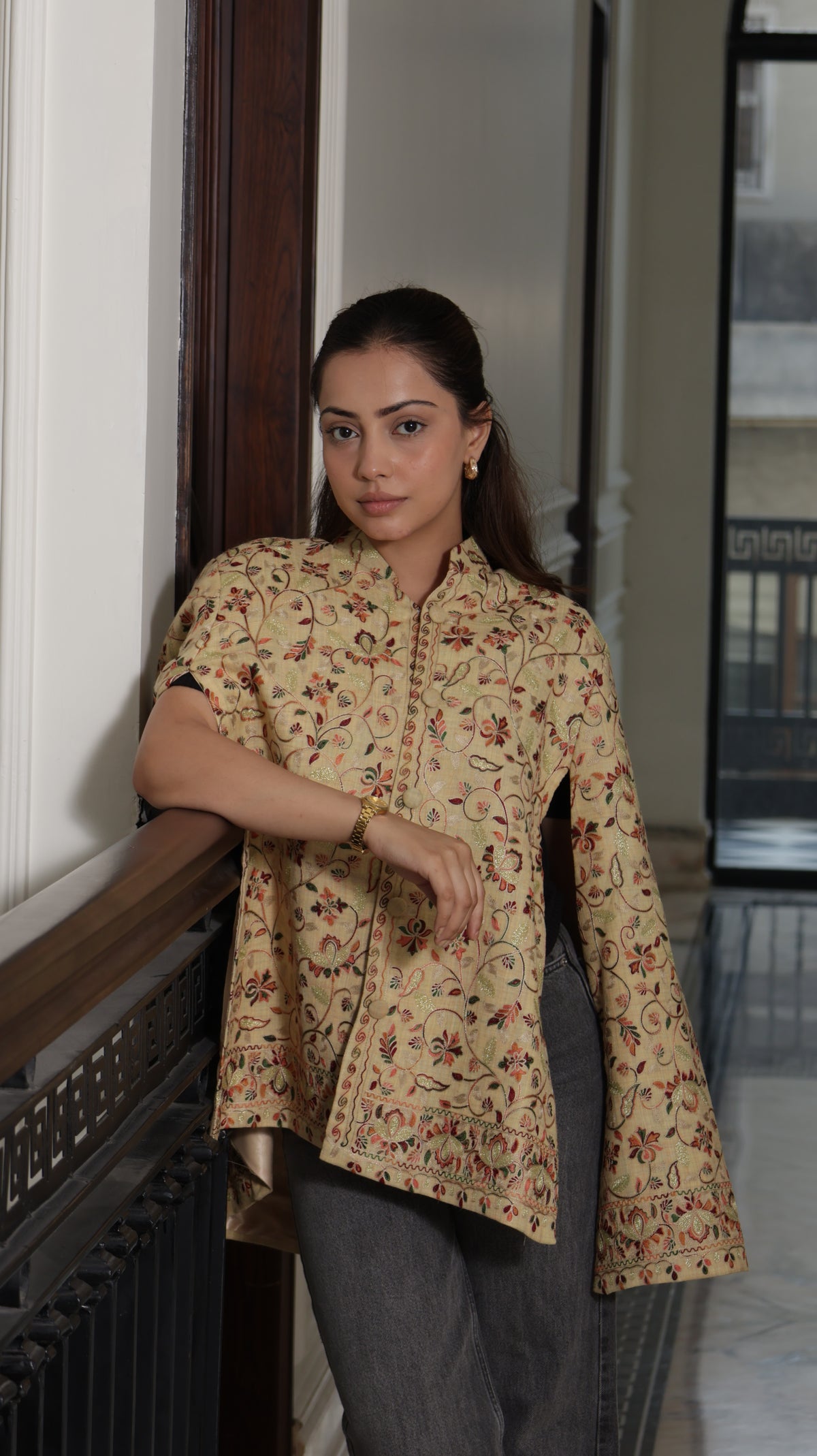 Woolen Bloom Nalki Embroidery Cape