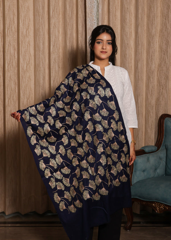 100% finewool Noir Golden Leaf Embroidery Stole