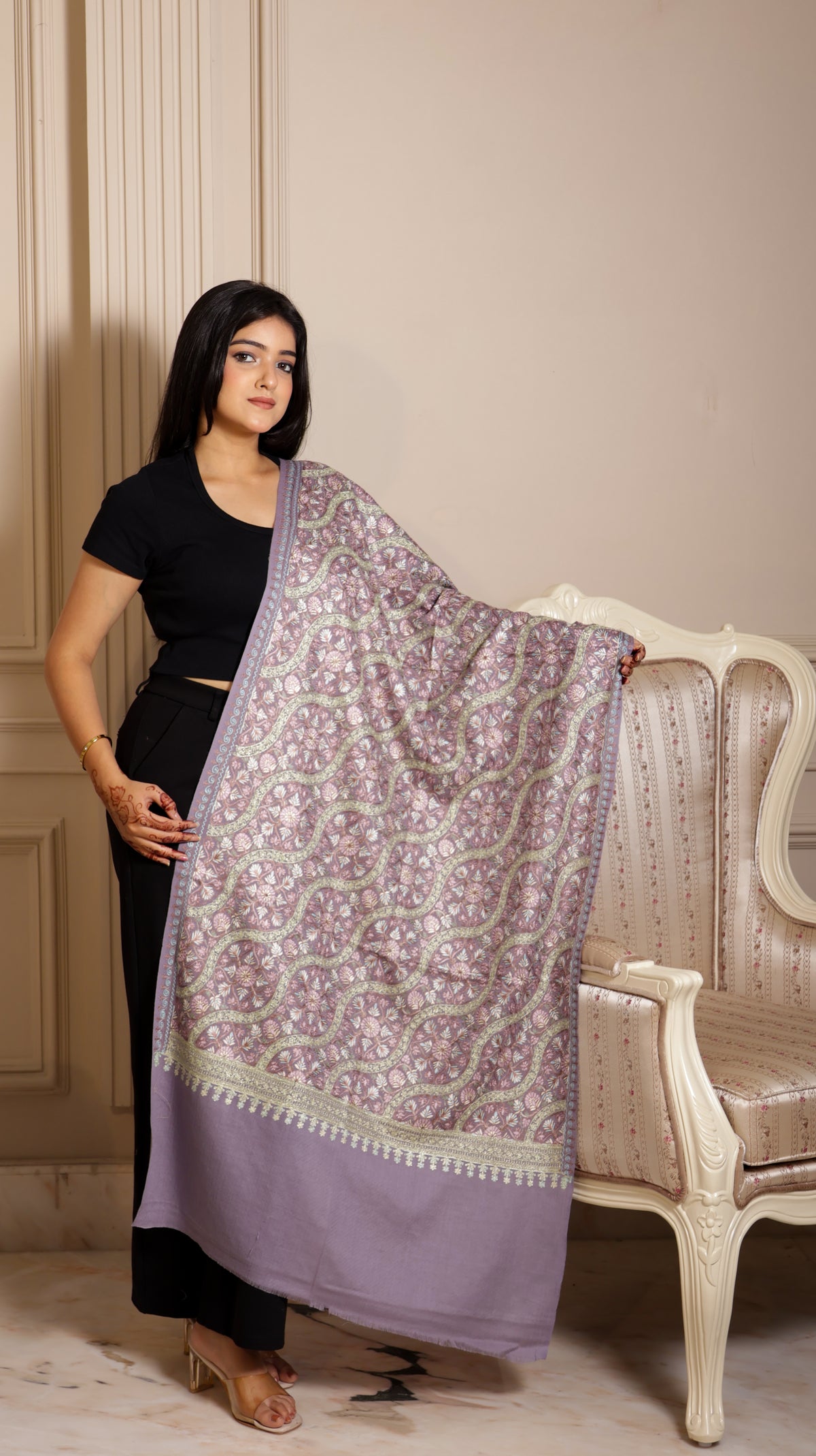 Finewool Nalki Embroidered Detailed Stole Extra Warm And Light