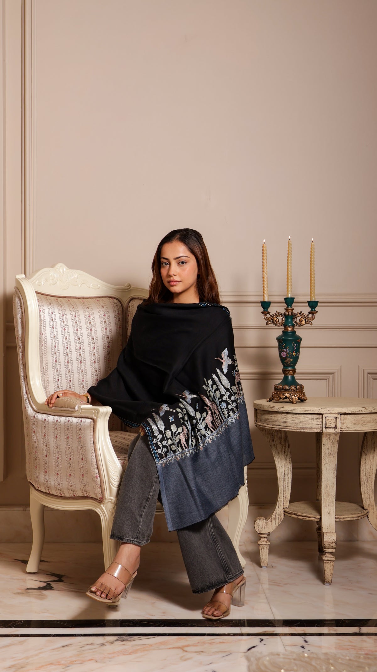 100% Pure Wool Dual Shade Nalki Embroidery Stole Soft And Warm
