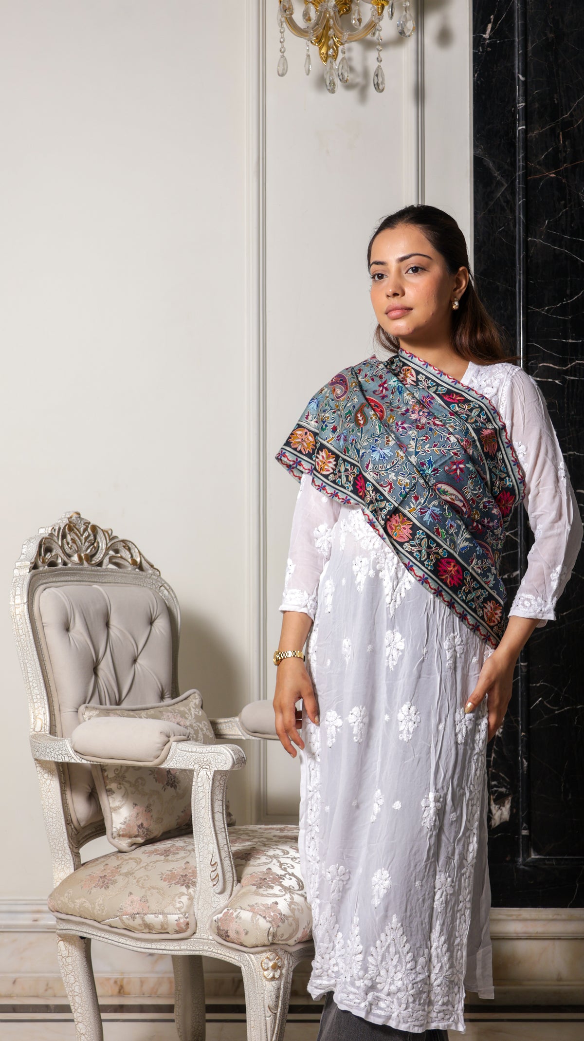 100% Wool Kalamkari Print Tie-Dye Nalki Embroidery Stole