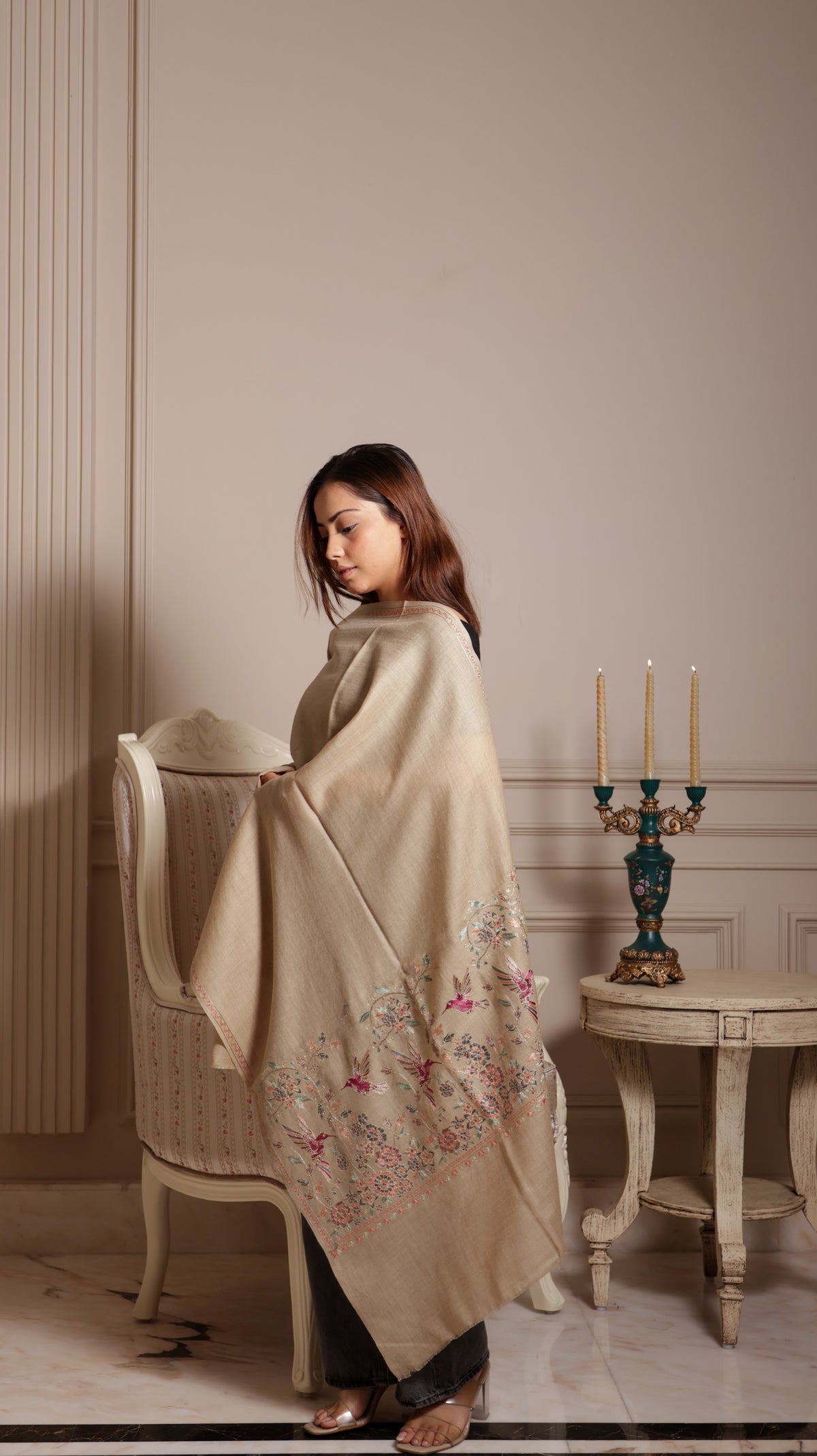 100% Pure Wool Nalki Embroidery Birds Stole