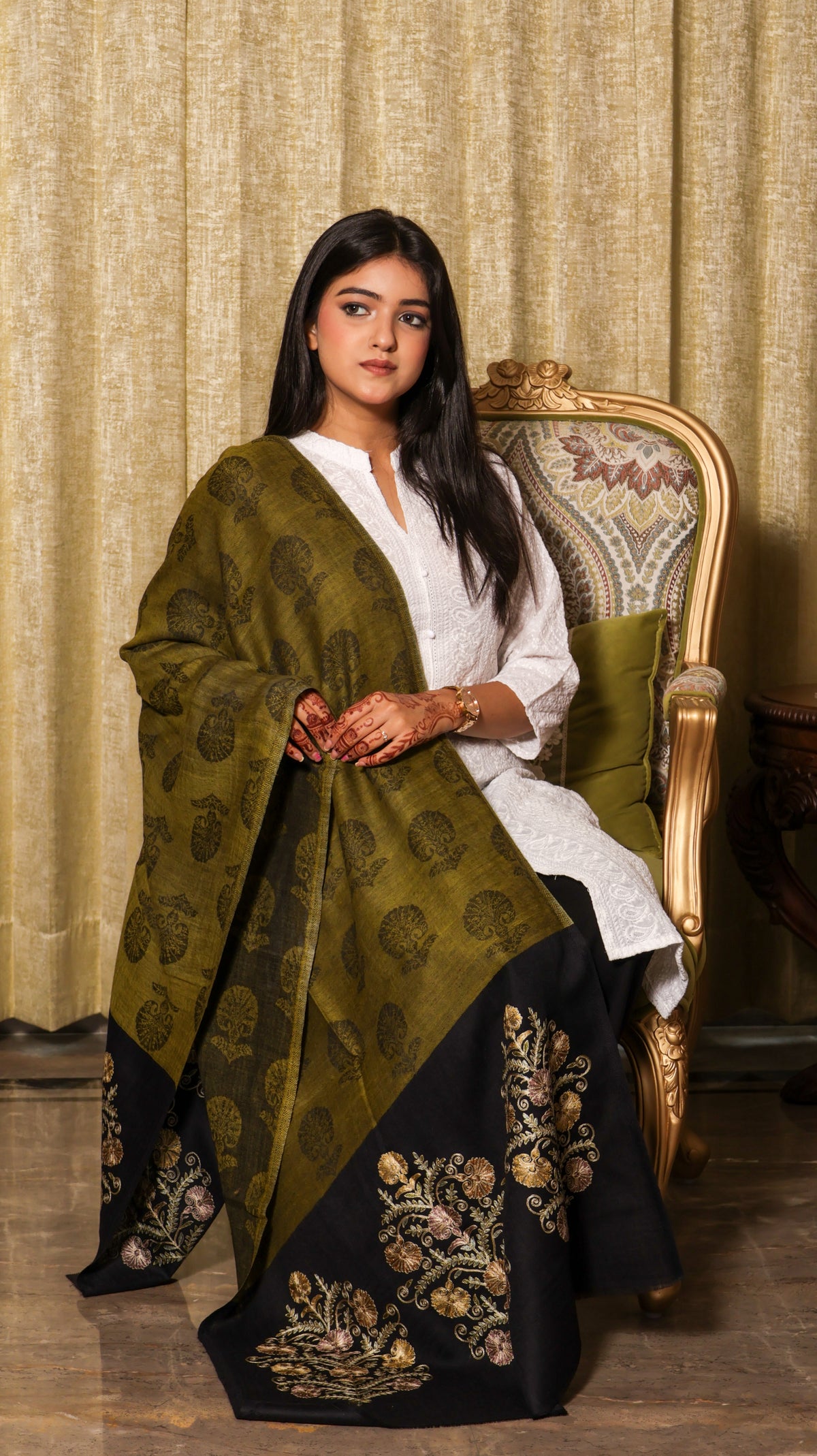 100% Pure Wool Self Weaved Nalki Embroidery Stole