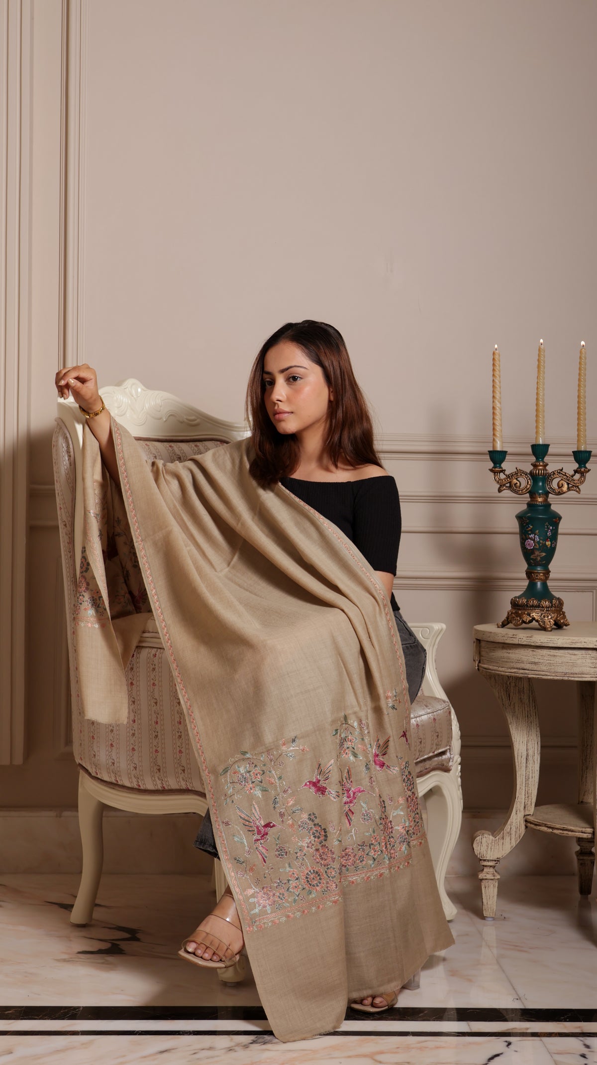 100% Pure Wool Nalki Embroidery Birds Stole