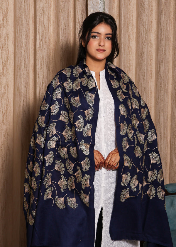 100% finewool Noir Golden Leaf Embroidery Stole
