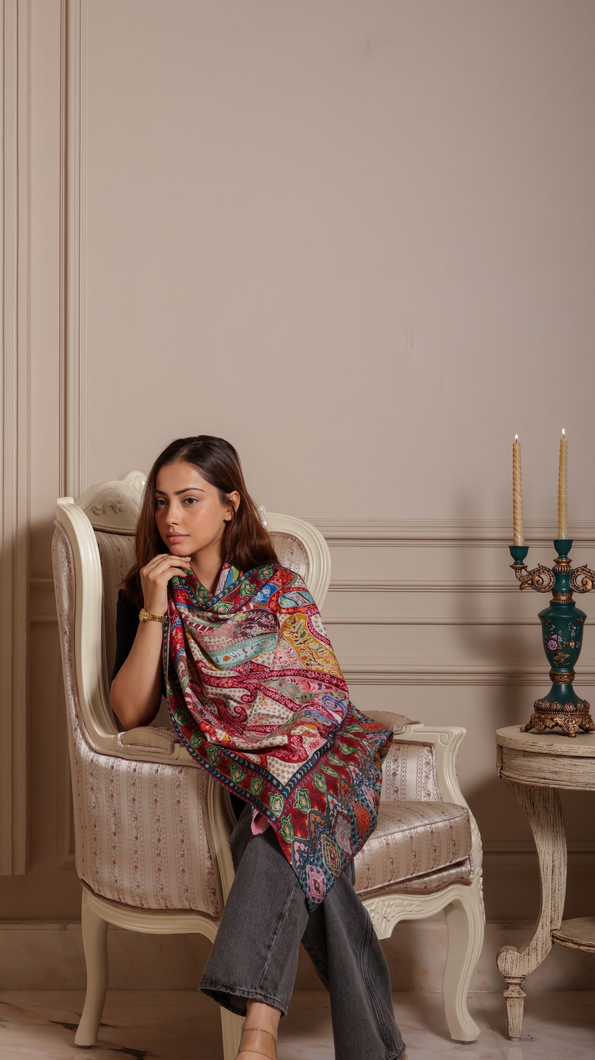 100% Wool Printed Kalamkari Embroidery stole - Kashmiri