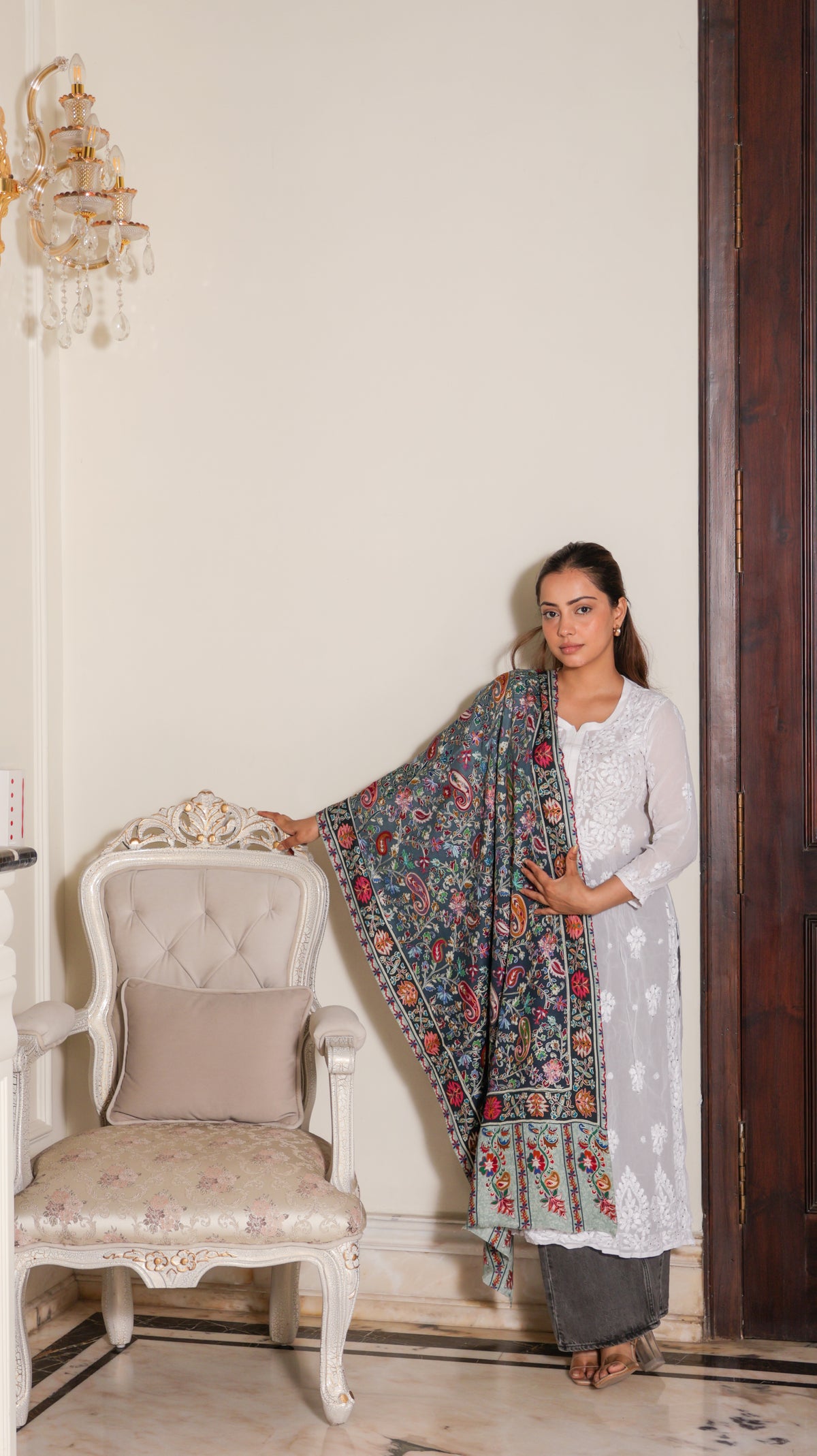 100% Wool Kalamkari Print Tie-Dye Nalki Embroidery Stole