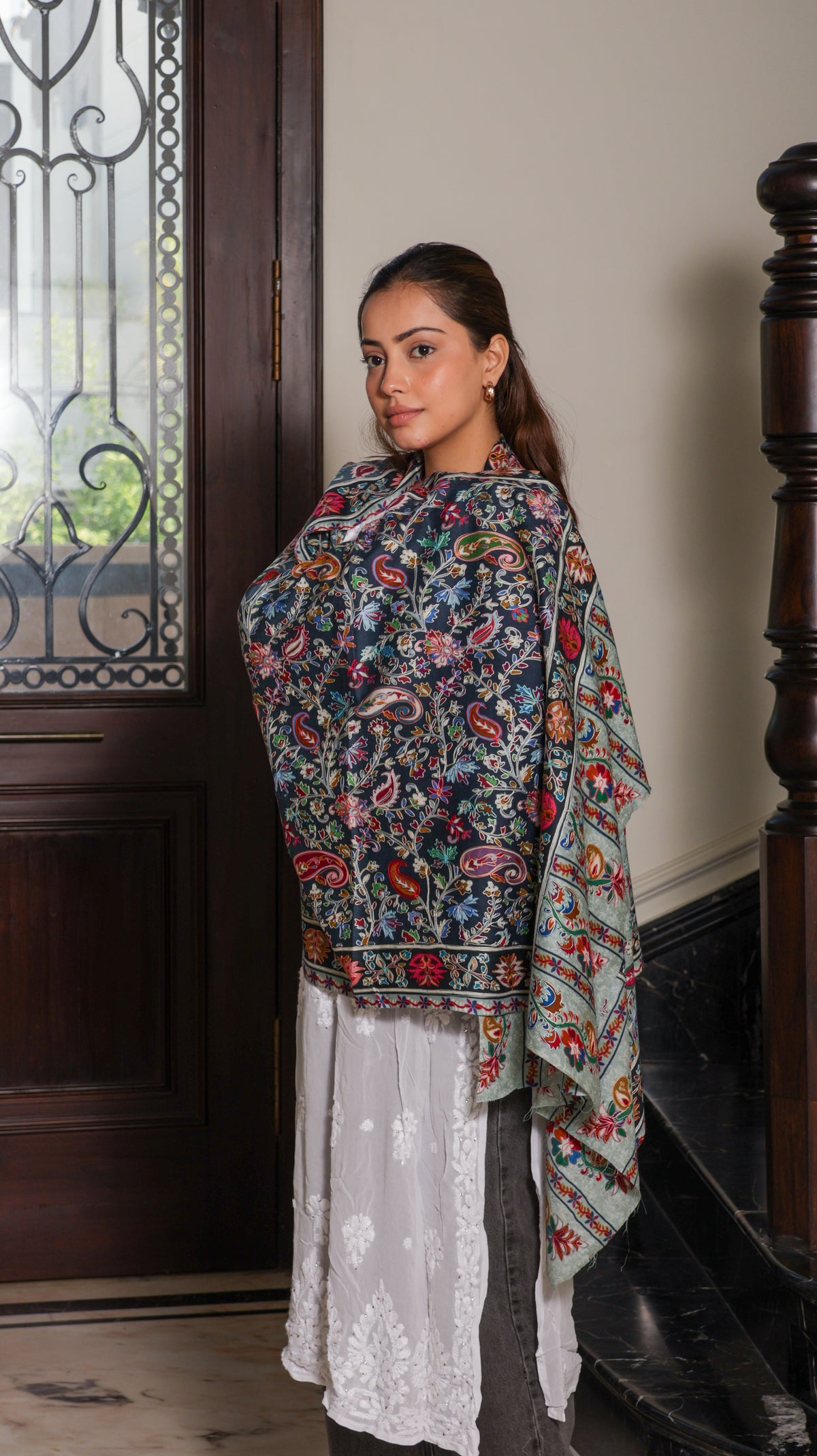 100% Wool Kalamkari Print Tie-Dye Nalki Embroidery Stole