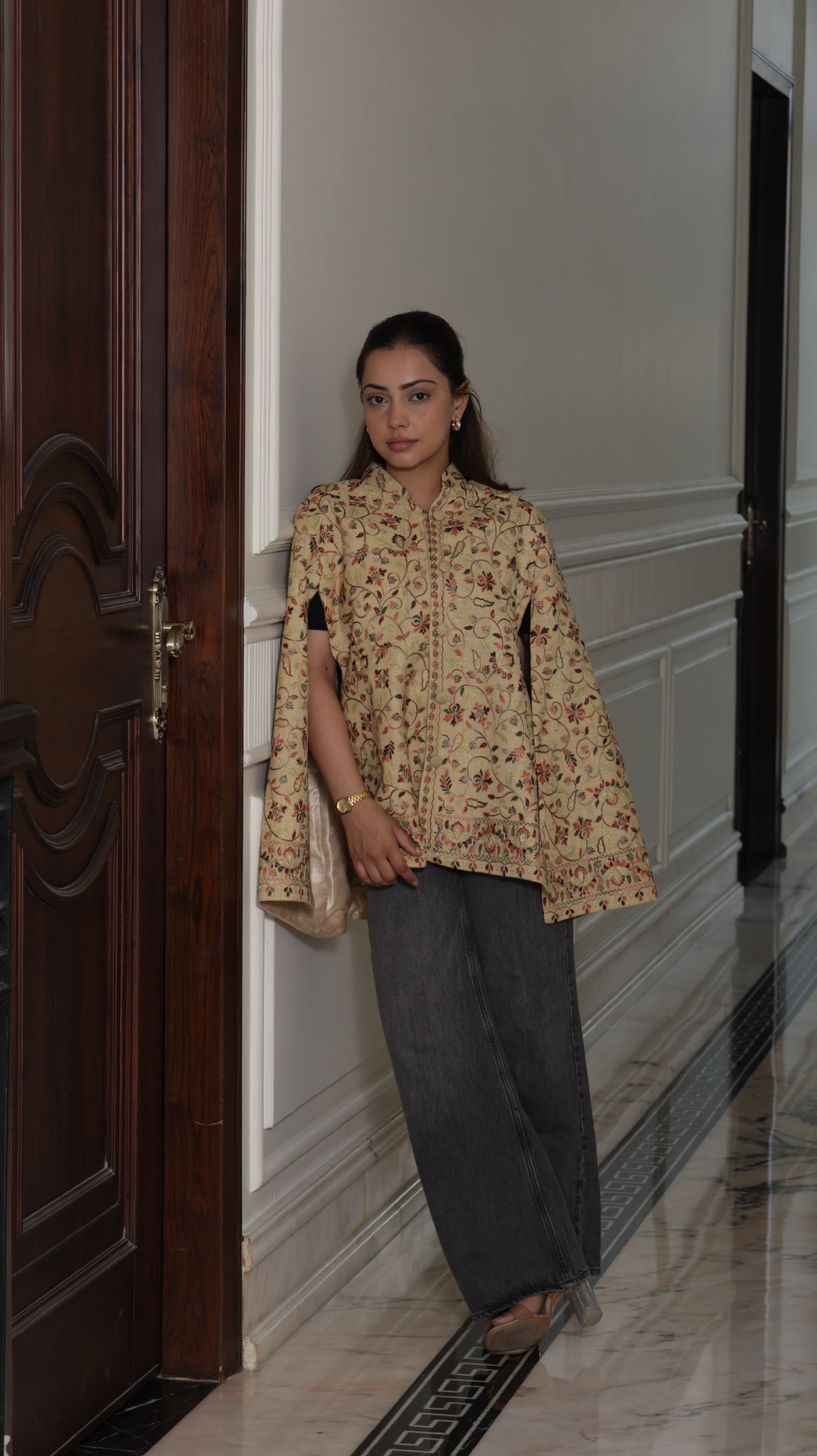Woolen Bloom Nalki Embroidery Cape