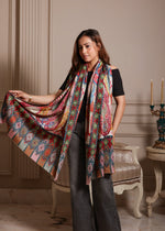 100% Wool Printed Kalamkari Embroidery stole - Kashmiri
