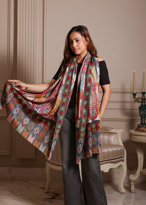 100% Wool Printed Kalamkari Embroidery stole - Kashmiri