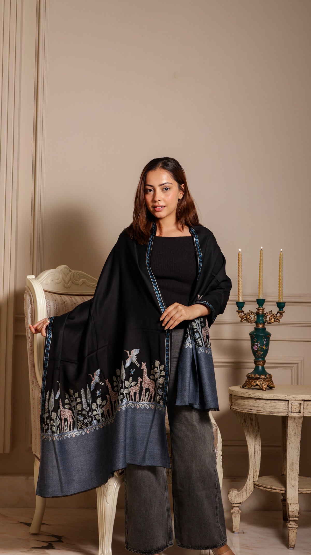 100% Pure Wool Dual Shade Nalki Embroidery Stole Soft And Warm