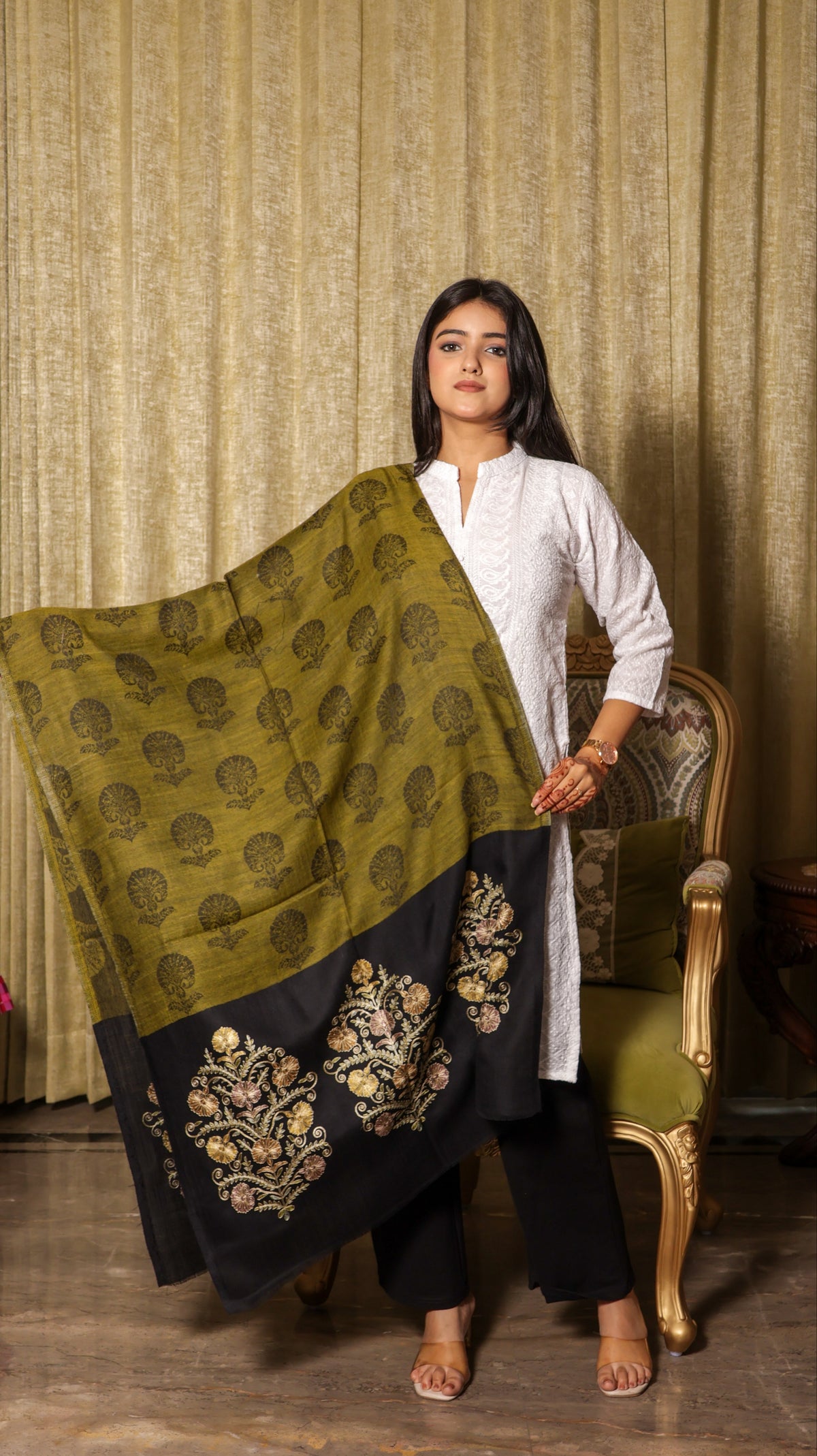 100% Pure Wool Self Weaved Nalki Embroidery Stole