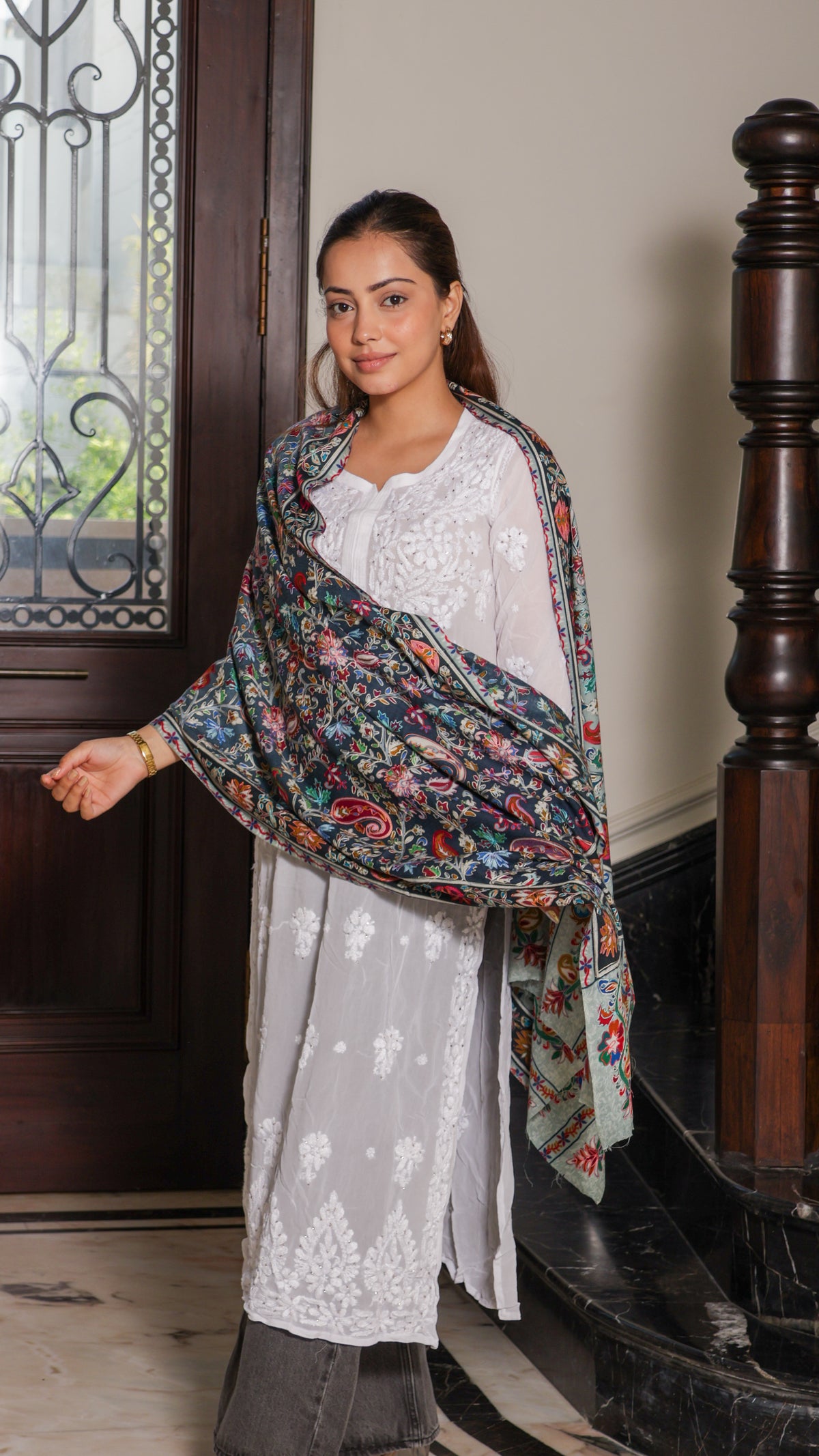 100% Wool Kalamkari Print Tie-Dye Nalki Embroidery Stole