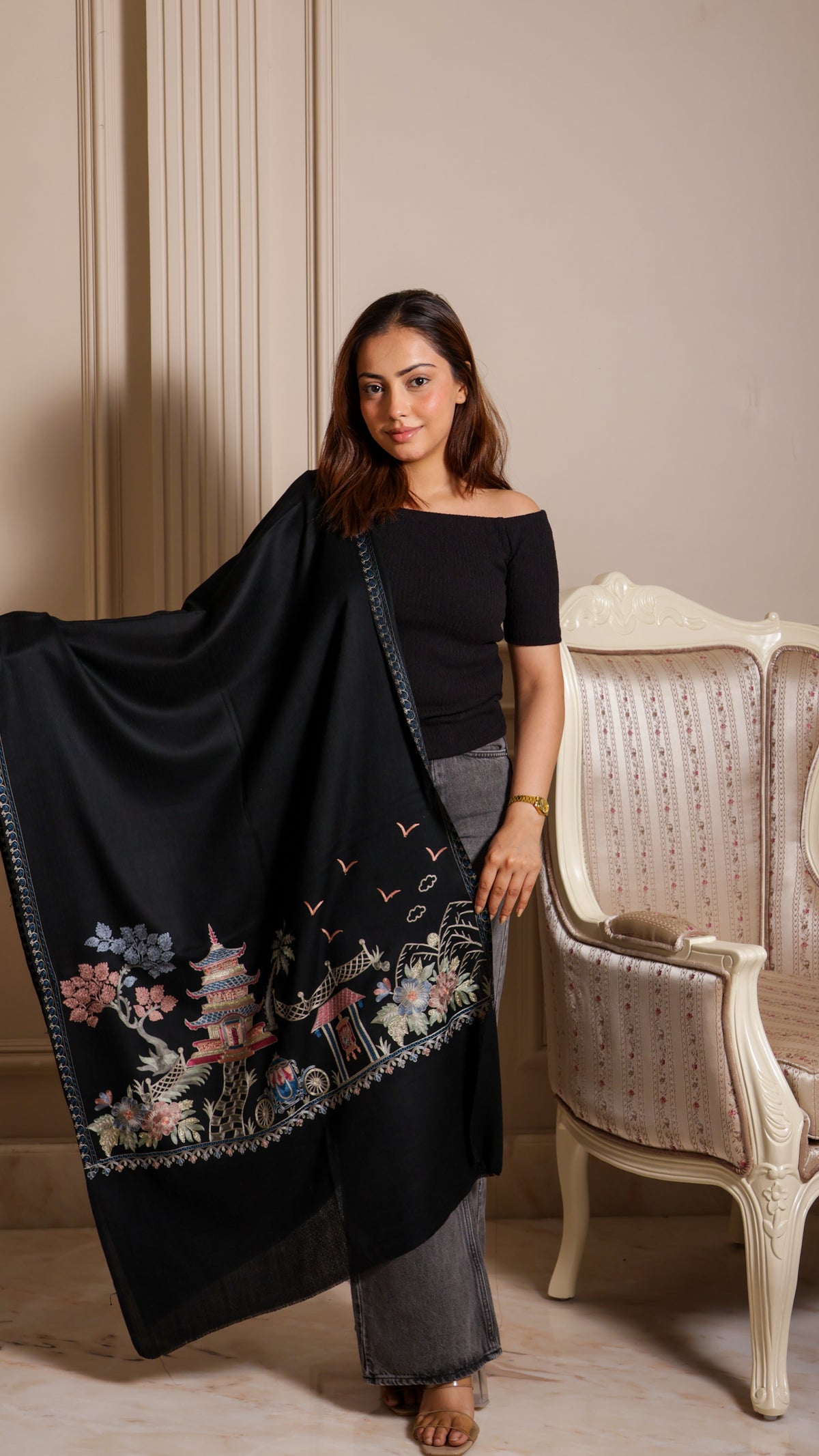 Finewool Nalki Embroidered Japanese Stole Light and Soft
