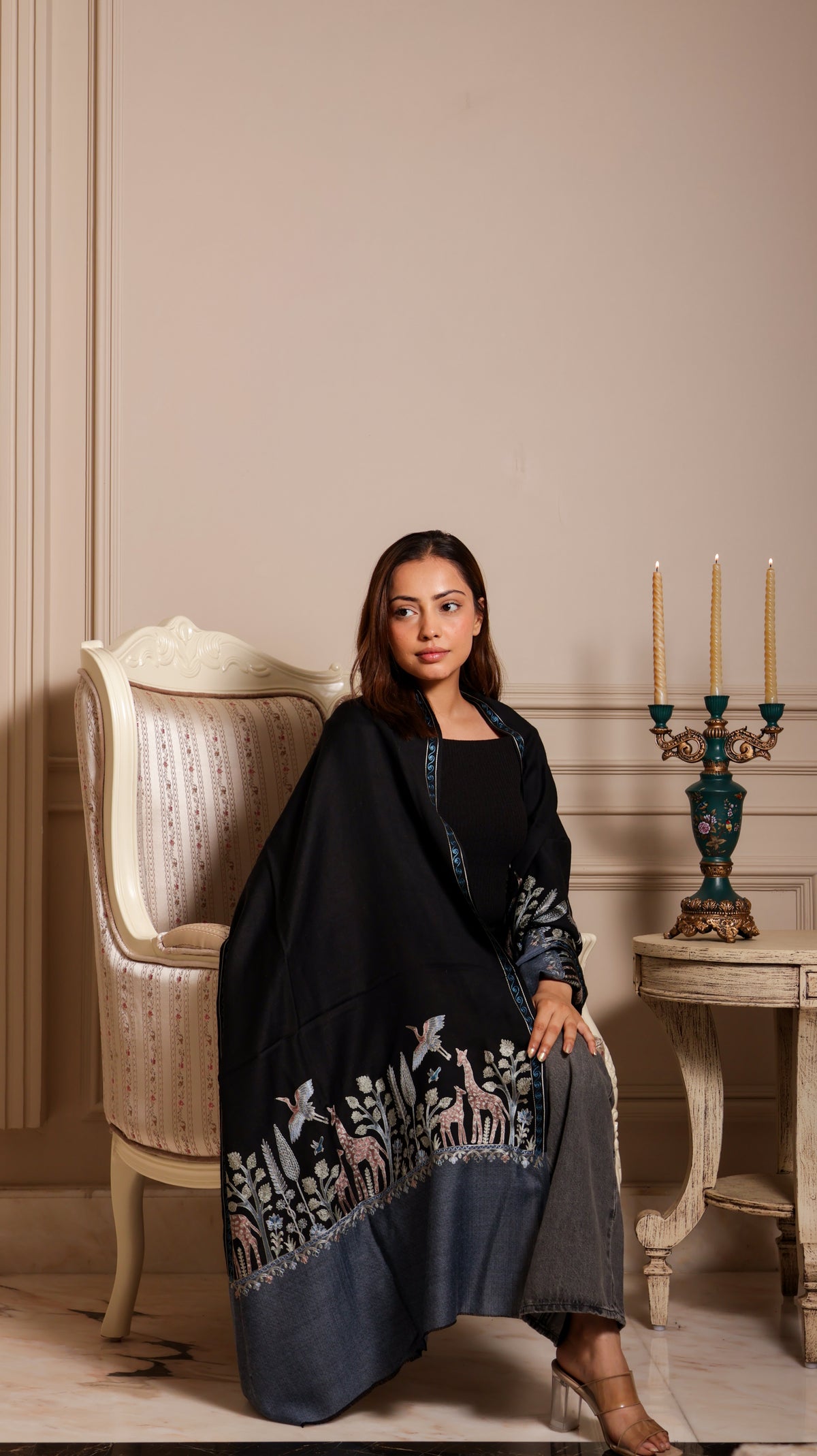 100% Pure Wool Dual Shade Nalki Embroidery Stole Soft And Warm