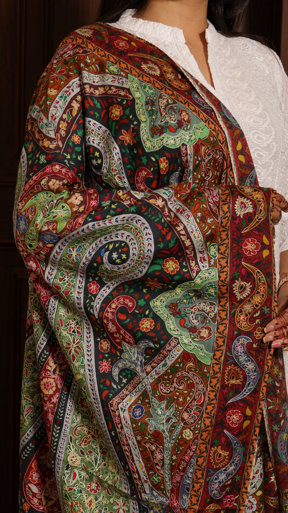 100% pure wool Kashmiri Kalamkari Embroidery Paisley stole