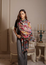 100% Wool Printed Kalamkari Embroidery stole - Kashmiri