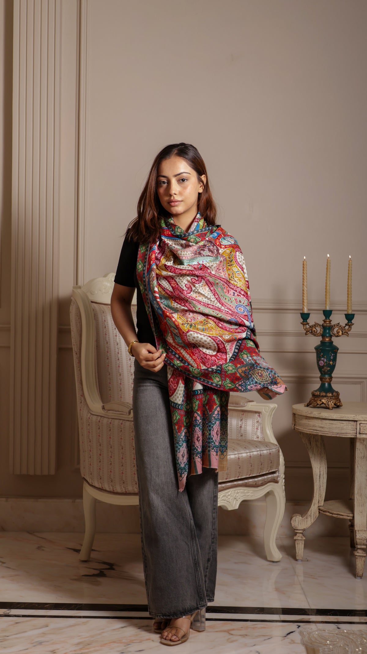 100% Wool Printed Kalamkari Embroidery stole - Kashmiri