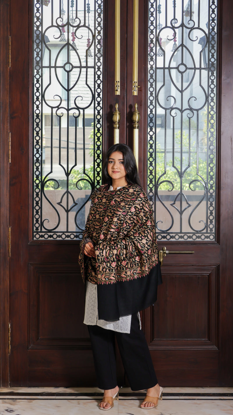 100% Pure Wool Mirchi Floral Nalki Embroidery Shawl