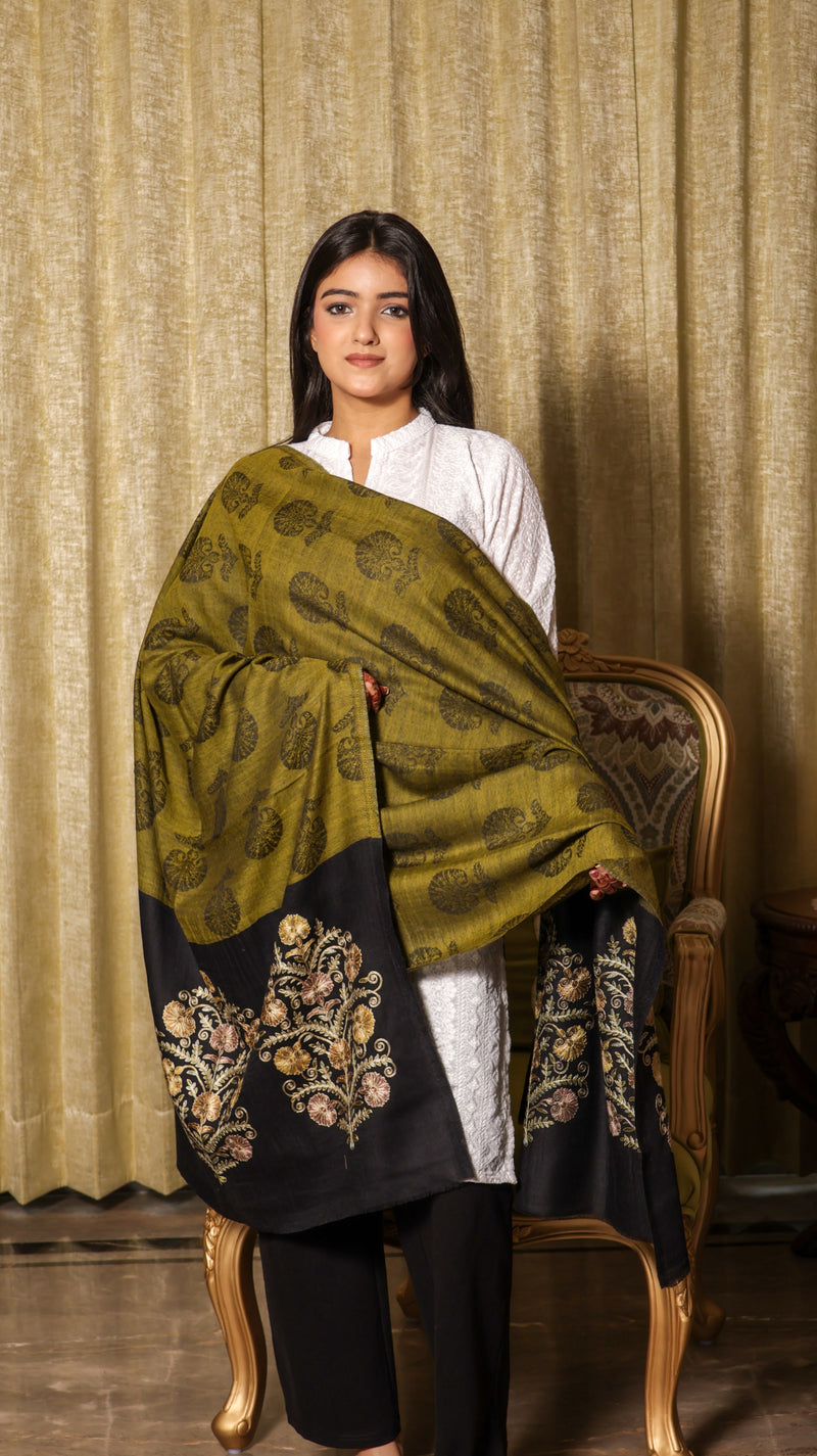 100% Pure Wool Self Weaved Nalki Embroidery Stole