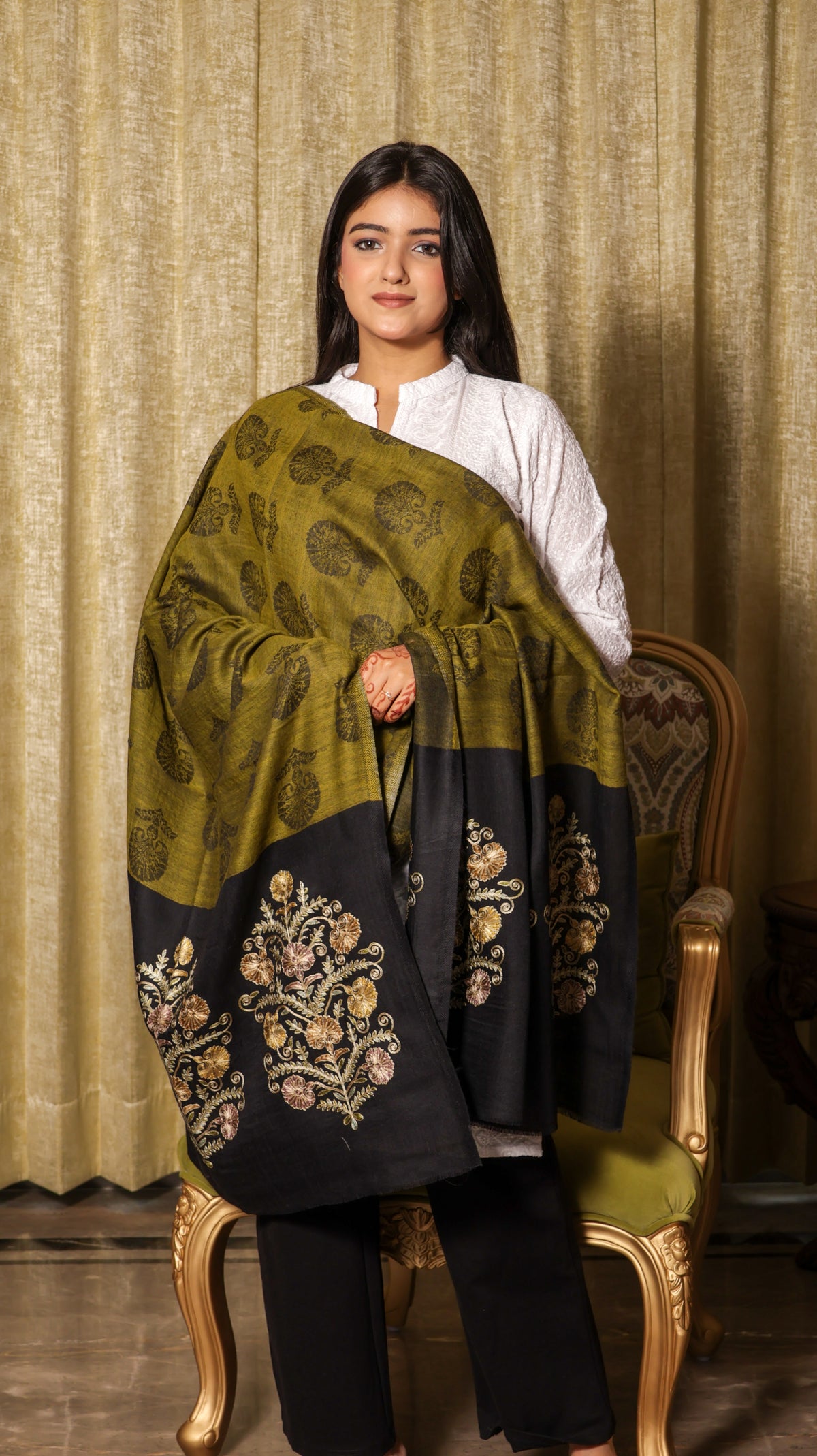 100% Pure Wool Self Weaved Nalki Embroidery Stole