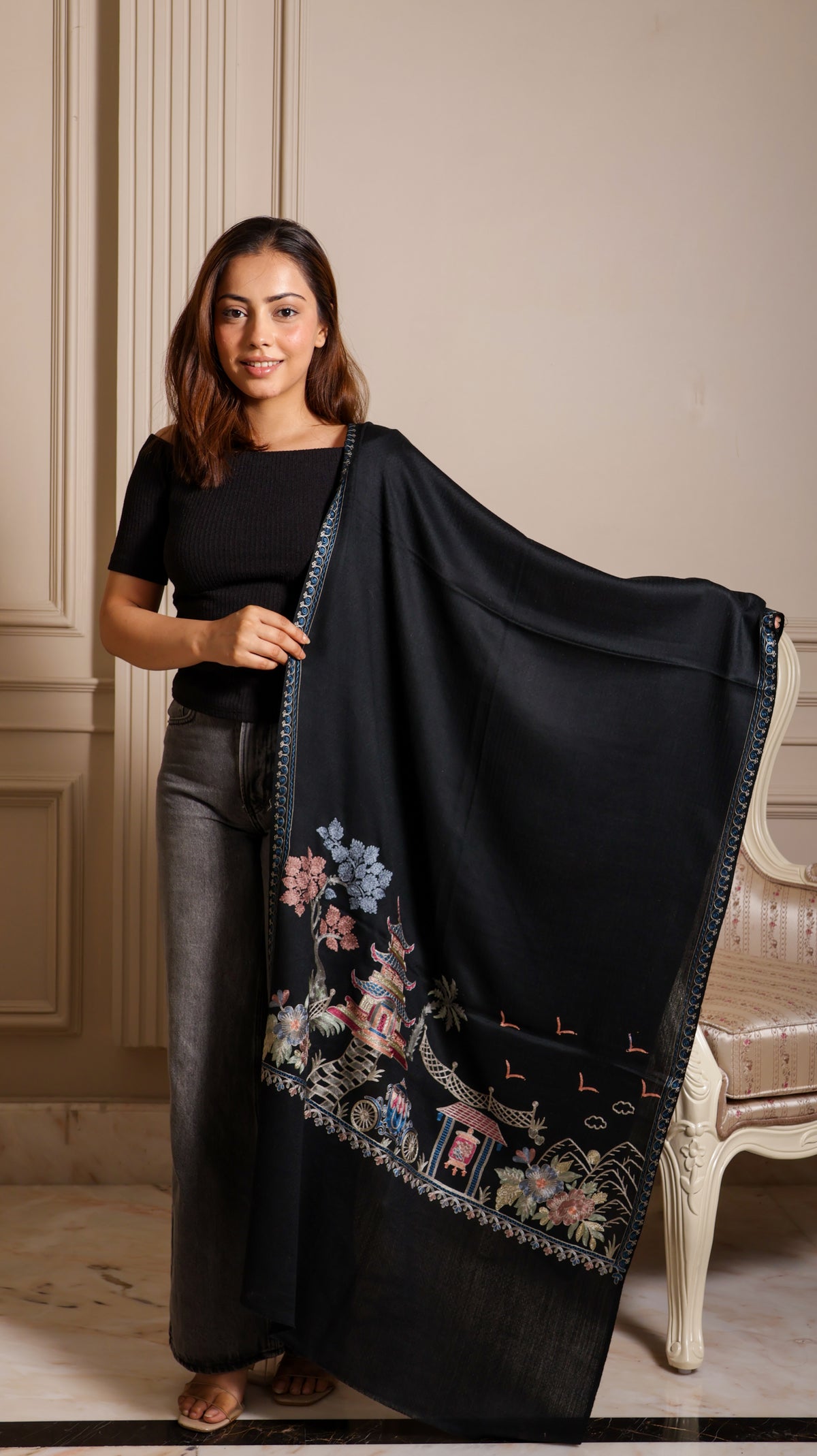 Finewool Nalki Embroidered Japanese Stole Light and Soft