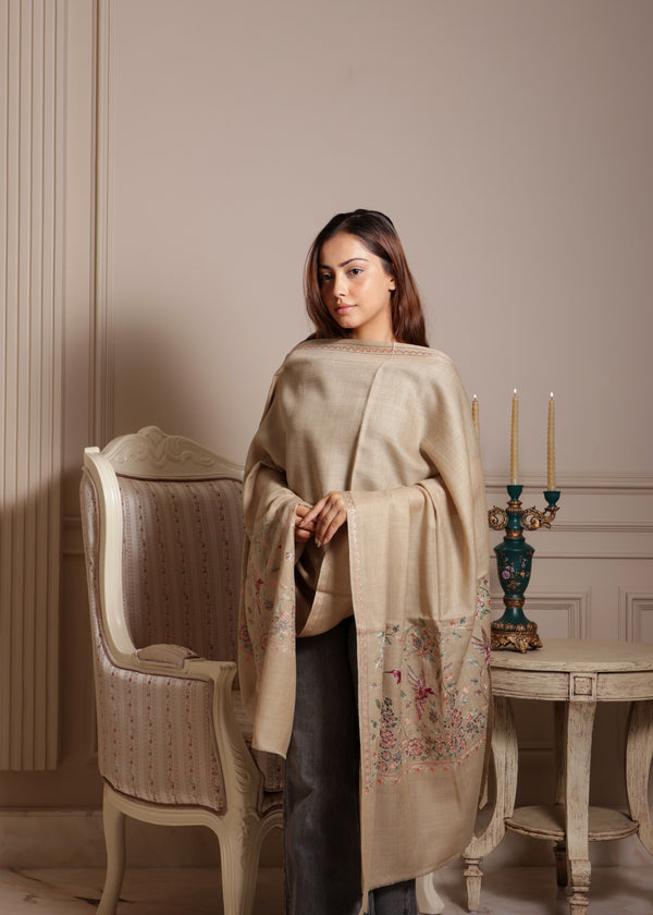 100% Pure Wool Nalki Embroidery Birds Stole