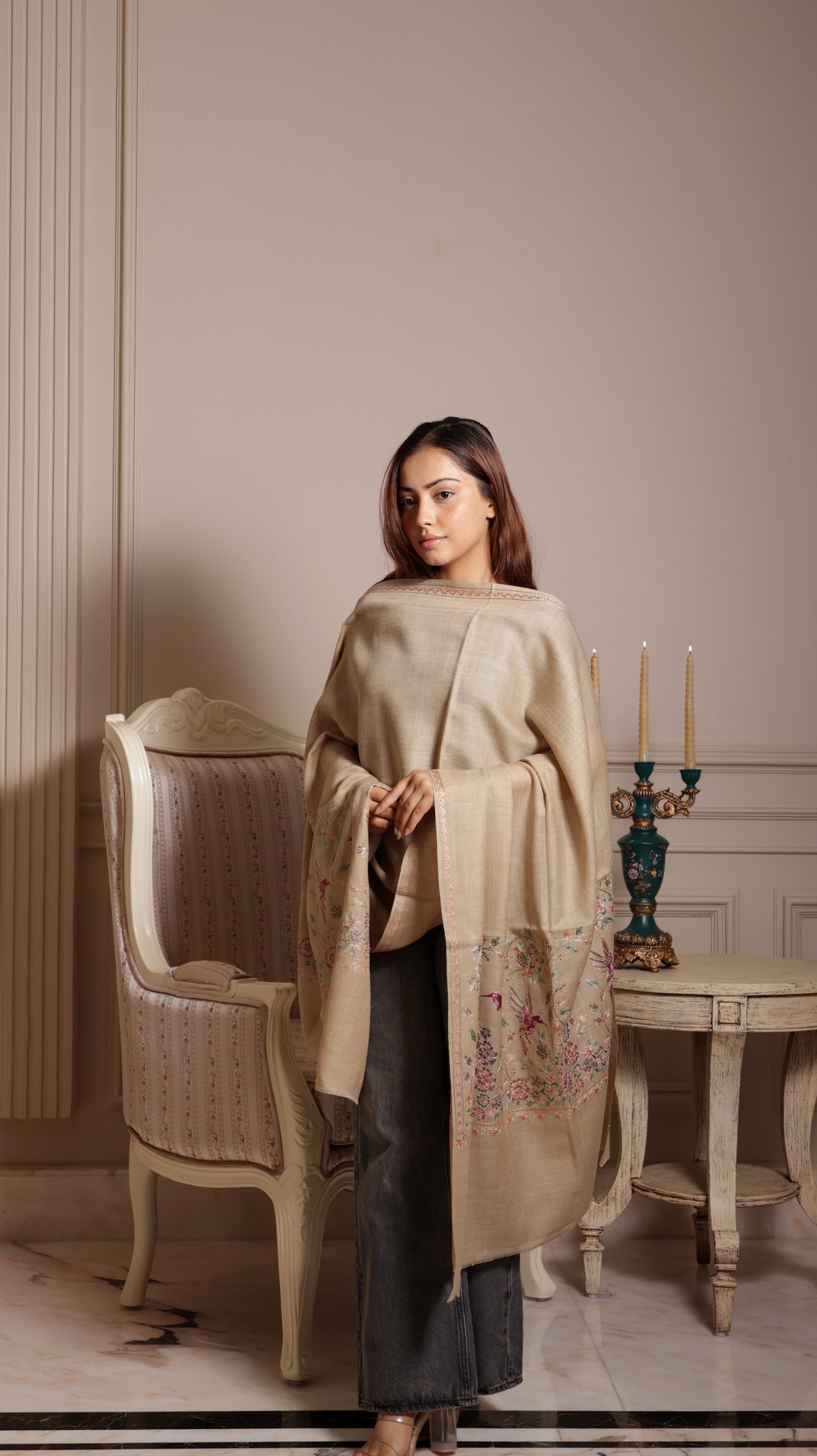 100% Pure Wool Nalki Embroidery Birds Stole
