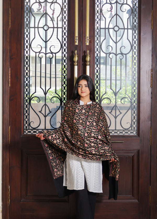 100% Pure Wool Mirchi Floral Nalki Embroidery Shawl