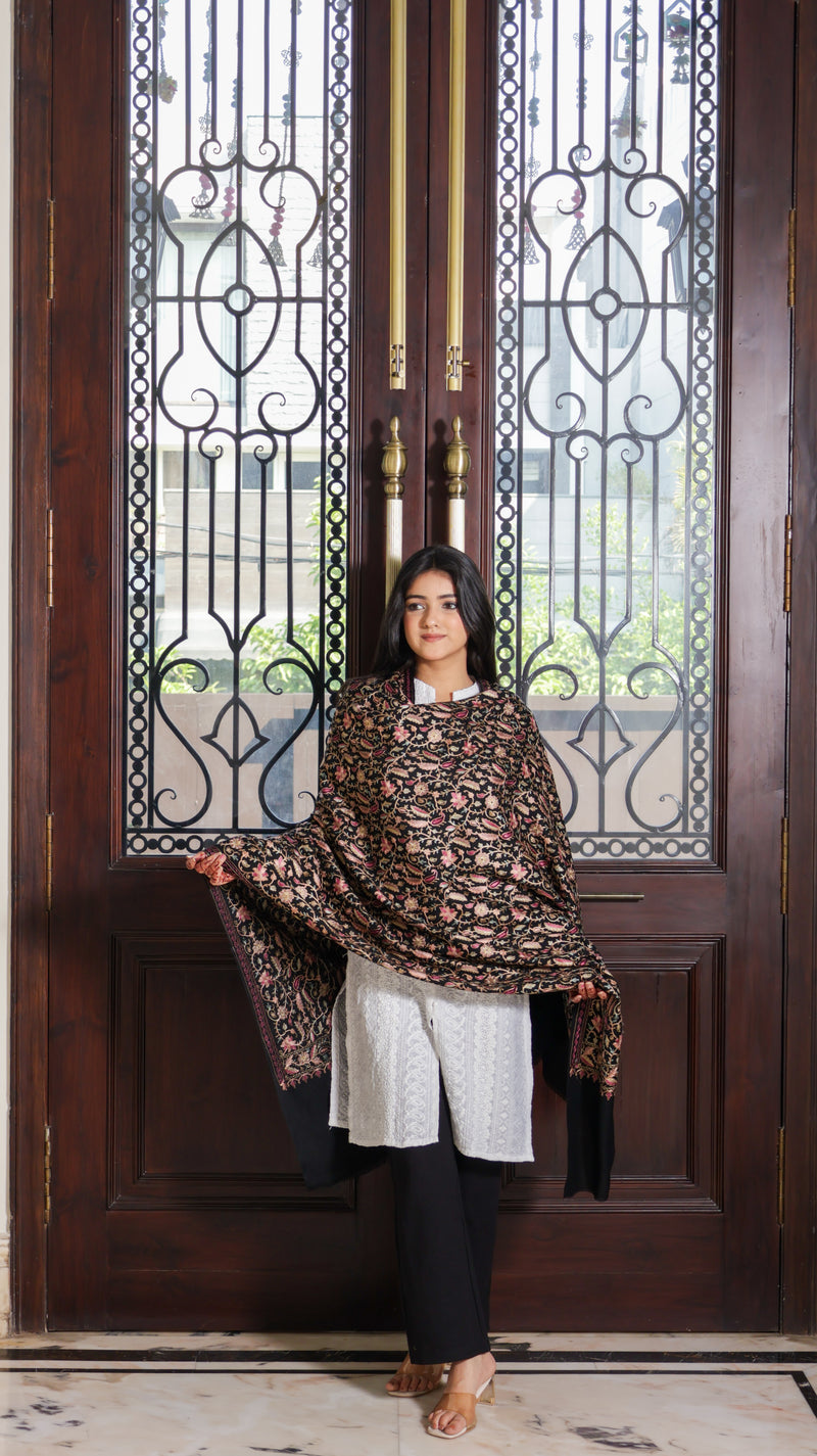 100% Pure Wool Mirchi Floral Nalki Embroidery Shawl