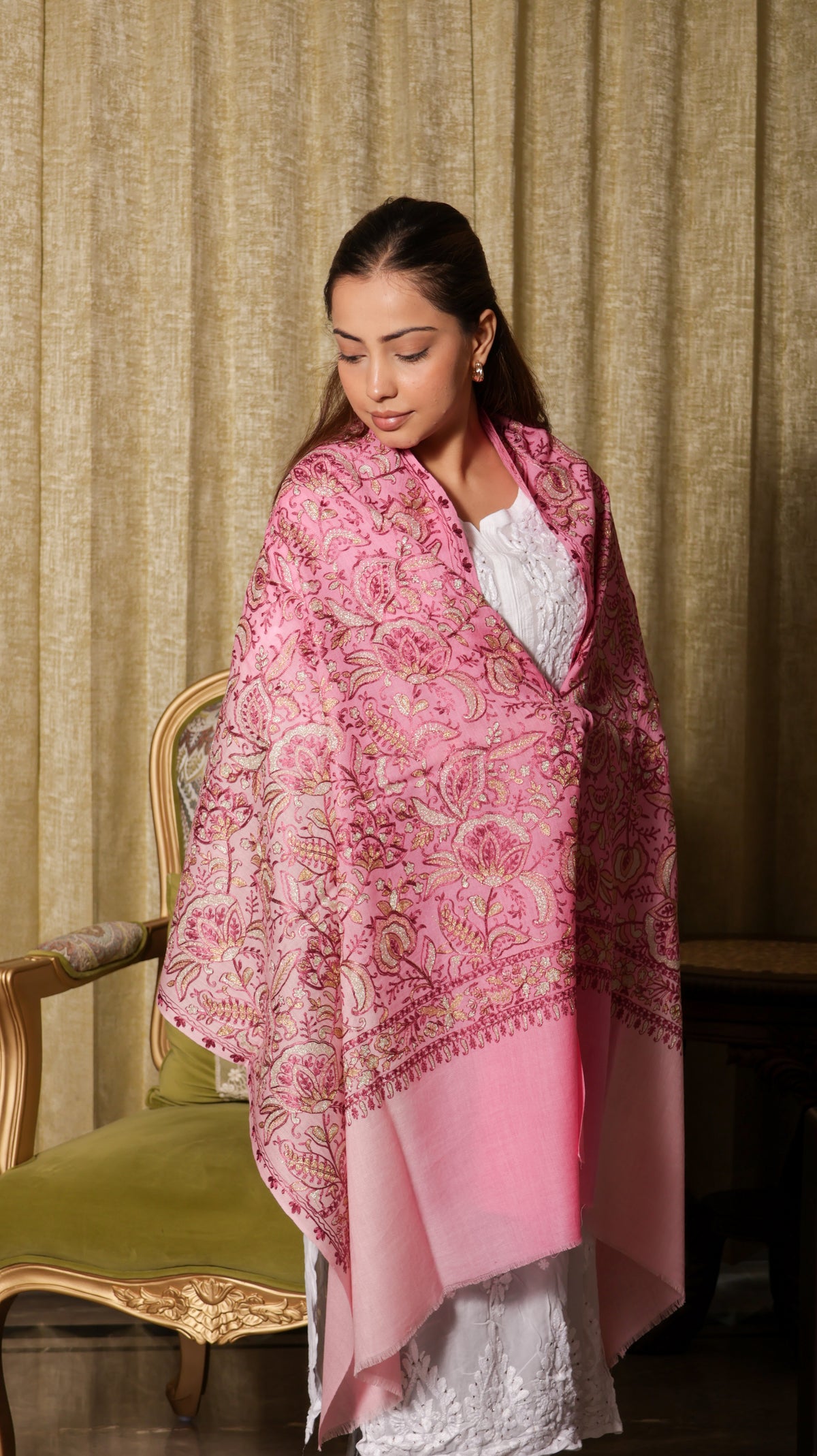 100% Pure Wool Tie-Dye Kashmiri Tilla Floral Stole