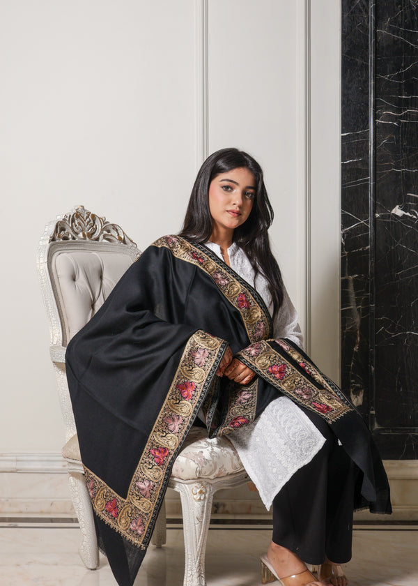 100% Pure Wool Kashmiri Paisley And Chinar Nalki Embroidery Stole