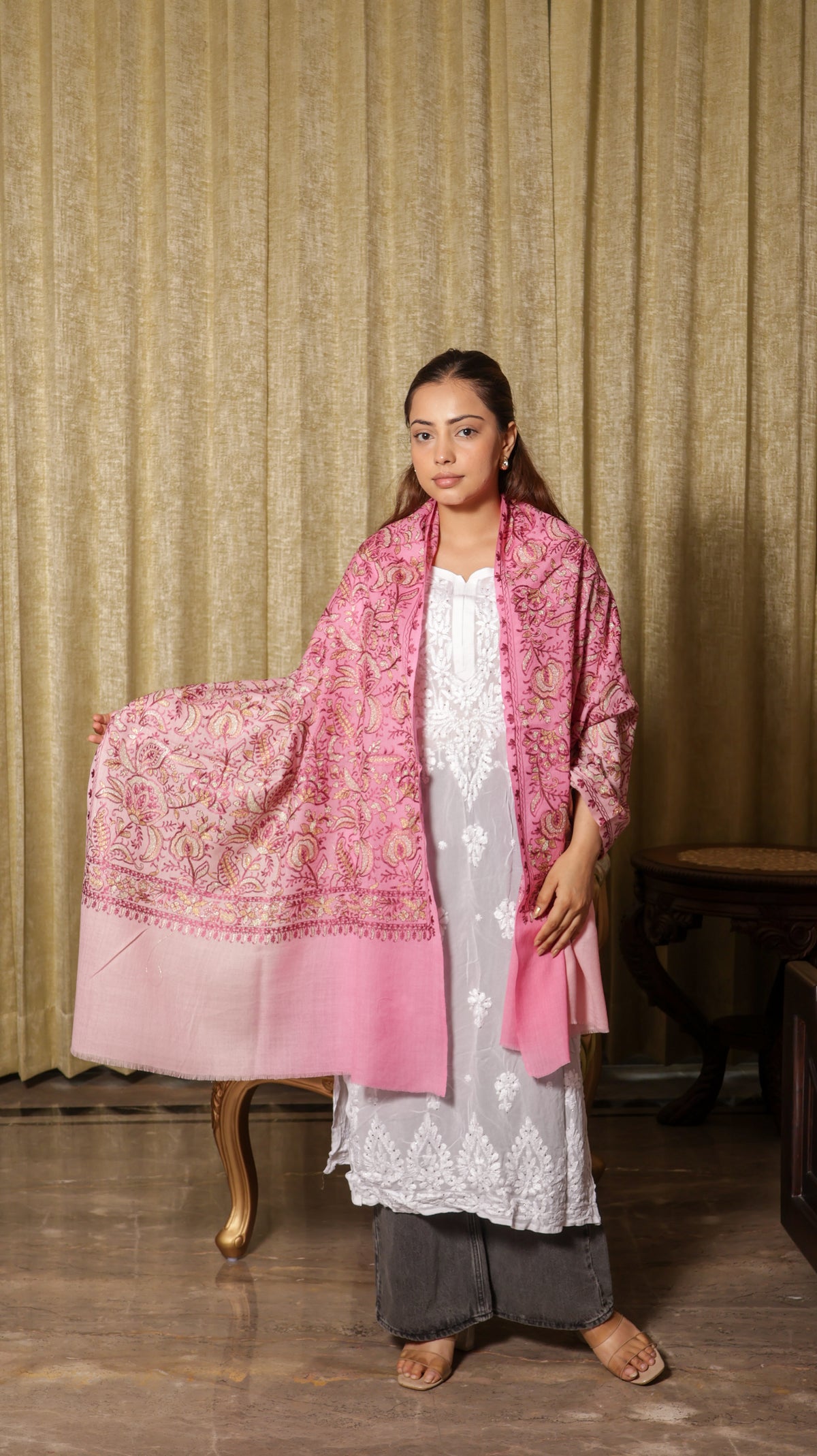 100% Pure Wool Tie-Dye Kashmiri Tilla Floral Stole