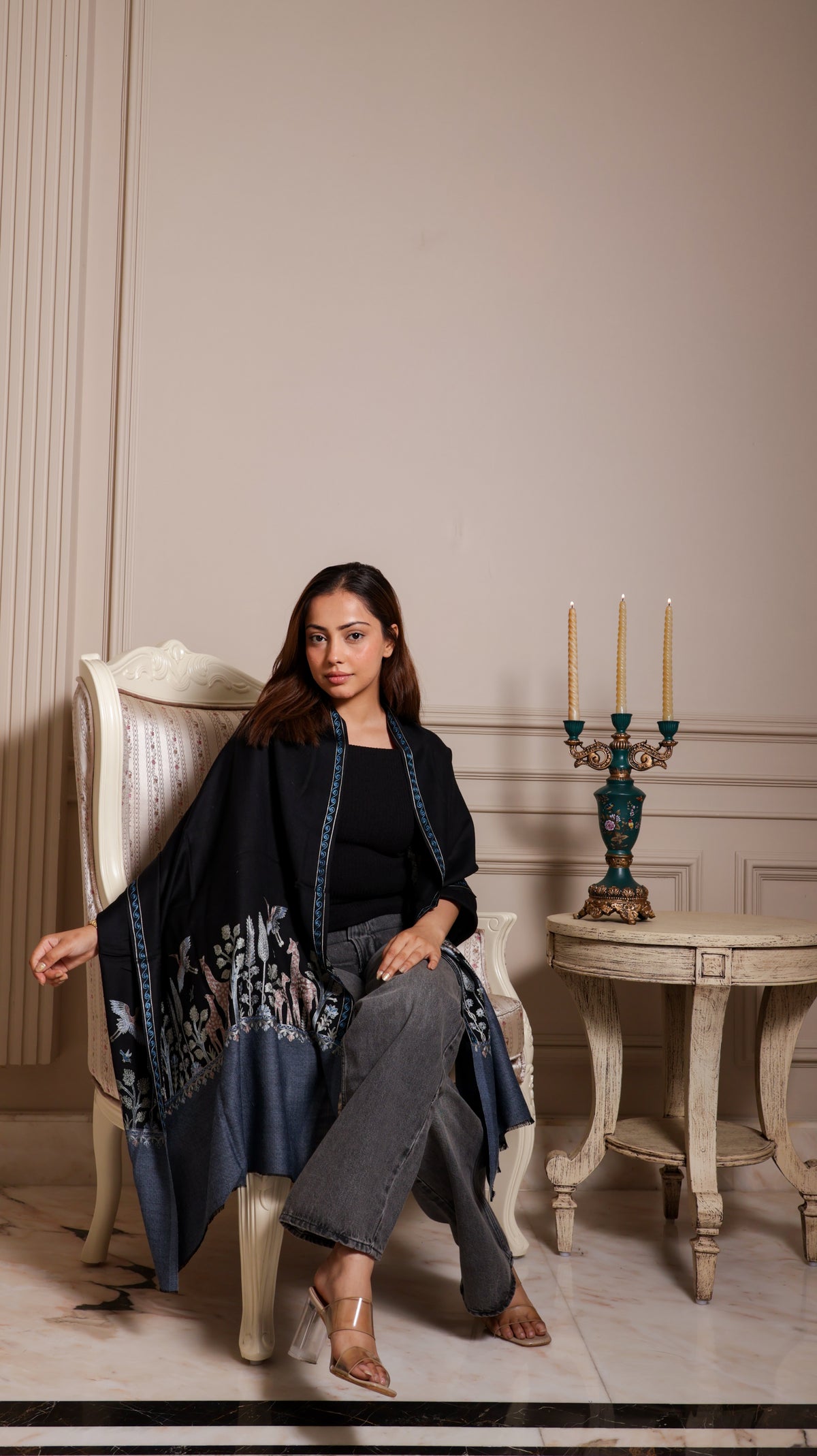 100% Pure Wool Dual Shade Nalki Embroidery Stole Soft And Warm
